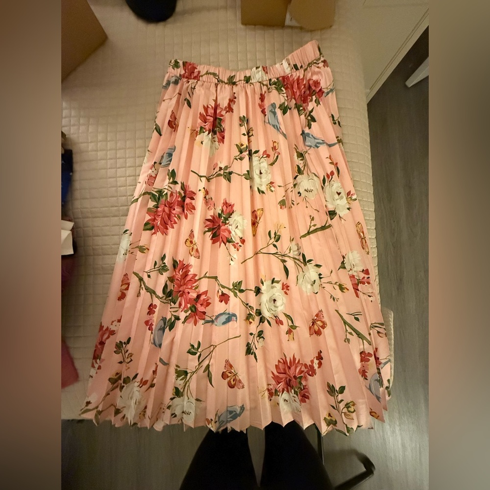 Pink Floral Pleated Midi Skirt
